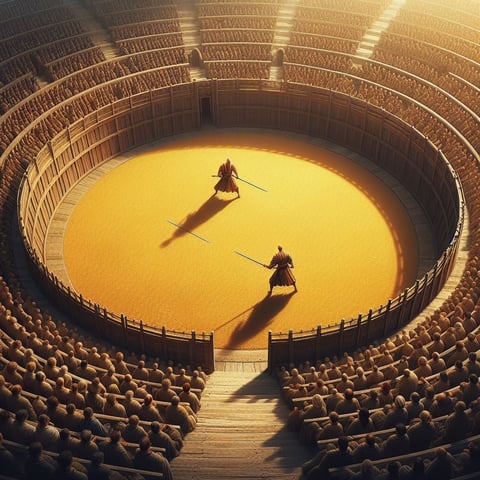 two men in a arena with two swords and two swords