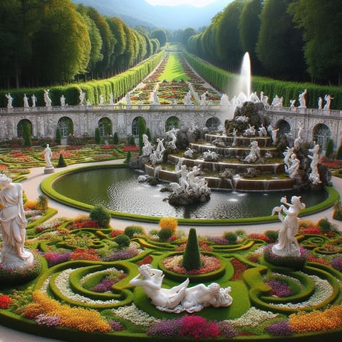 a garden with a fountain and statues in the middle of it