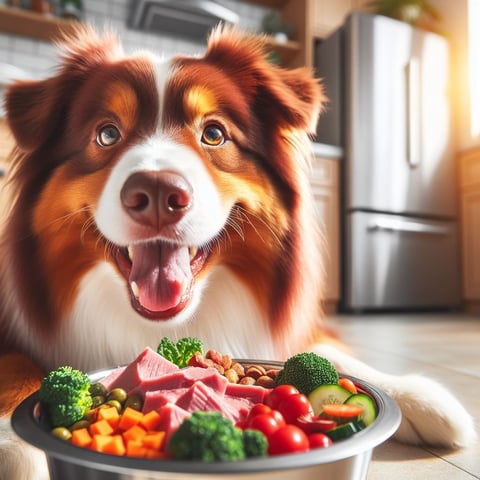 Perro pastor australiano alimentandose con Barf comida natural de Pet Lovers