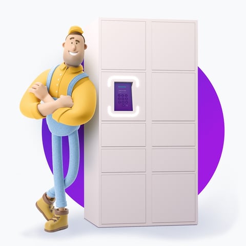 a man in overalls and overalls standing next to a refrigerator