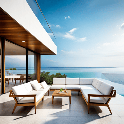 a couch with white cushions and a table with a table with a glass top