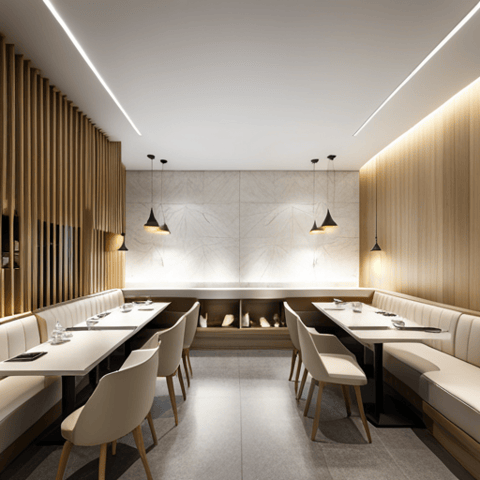 a restaurant with a long table and chairs