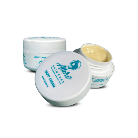 Three Allors Skincare Night Cream containers, one lid off revealing creamy texture, with vibrant blue labels on white pots.