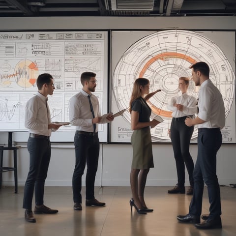 a group of business people standing in a room