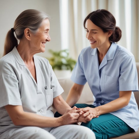 Picture of a lady being comforted by a carer by holding hands and communicating with one another