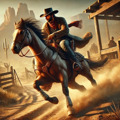a man riding a horse in a desert in western style