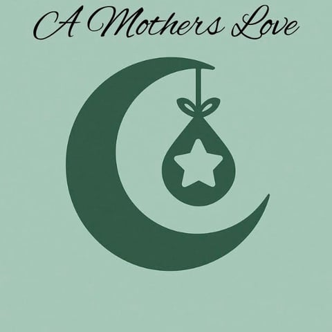 Illustration of a dark green crescent moon carding a hanging baby bundle with a star set up against a light green background