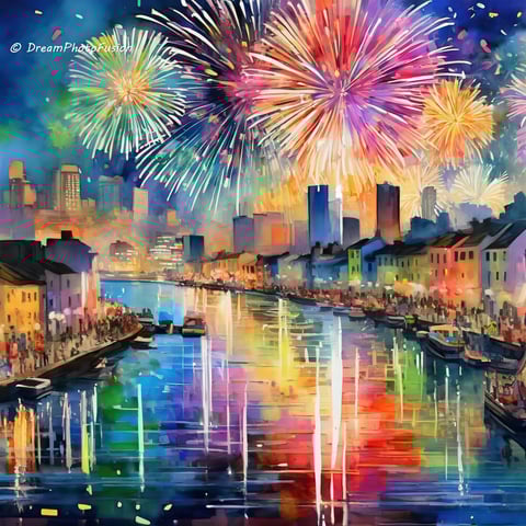 a painting of a city with fireworks and fireworks