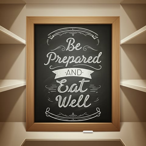A chalk board with text "be prepared and eat well" in a pantry.