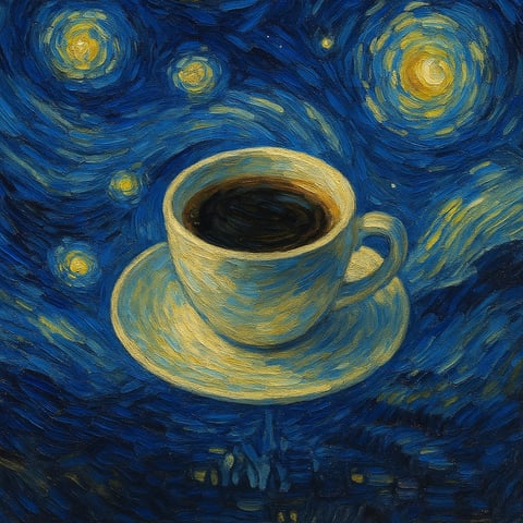 Taza de café flotando en un cielo estrellado, inspirada en el estilo artístico de Van Gogh