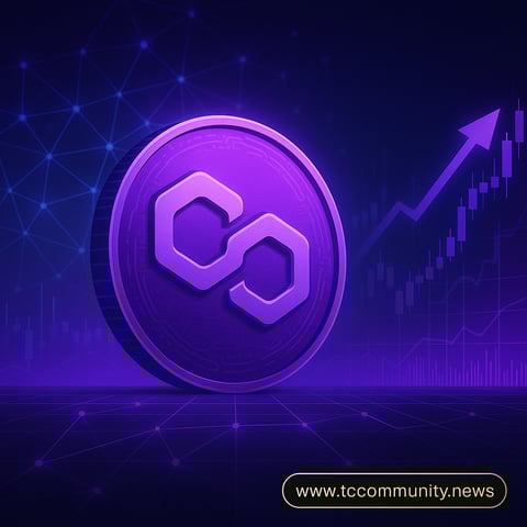 Futuristic digital artwork featuring a purple Polygon (MATIC) coin rising in a glowing blockchain en
