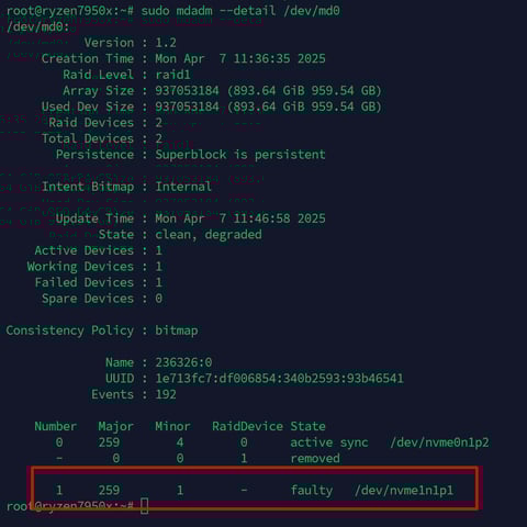 mdadm faulty disk output