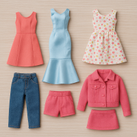 A flat lay of handmade Barbie doll clothes including three dresses, denim pants, pink shorts, and a