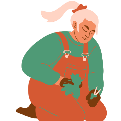 a woman in overalls and overalls is holding scissors and scissors