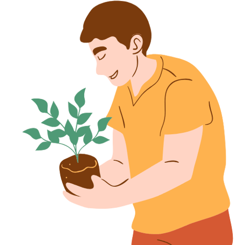 a man holding a plant in his hands