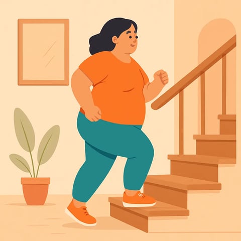 Cartoon-style illustration of a plus-size woman confidently climbing stairs at home, wearing an orange shirt and teal legging