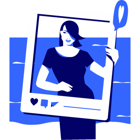 Blo grafik på elegant kvinna med lång snedlugg och klänning som håller en Instagram-ram framför sig.