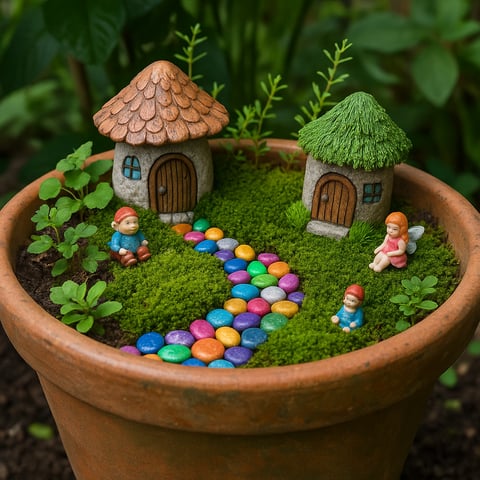 Miniature fairy garden made from a repurposed flower pot with tiny houses, moss, colorful pebbles, and small figurines nestle
