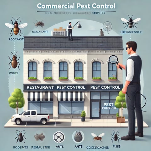 commercial-pest-control-technician-inspecting-a-business-building-with-icons-of-rodents-cockroaches-ants-and-flies-in-warwick