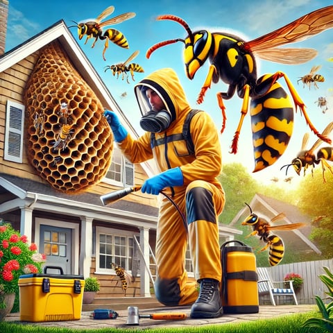 pest-control-technician-removing-wasp-nest-with-safety-gear-showing-wasps-hornets-and-yellow-jackets-in-warwick-ri
