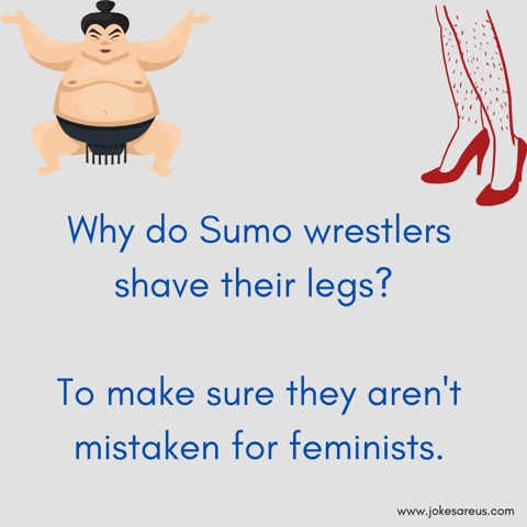 Why do Sumo wrestlers shave their legs To make sure they aren't mistaken for feminists. Dark Joke