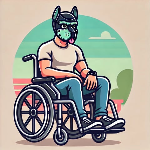 A cartoon image of a man in a wheelchair wearing a pup mask.