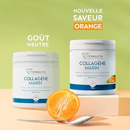 deux pots de collagènes ,demi orange ,une cuillère