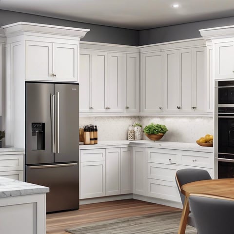 Elegant kitchen with full-height white shaker cabinets, quartz countertops, built-in appliances, and