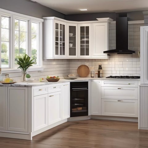 Bright corner kitchen with white shaker cabinets, glass front uppers, marble-style countertops, and 