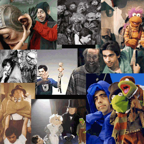 Collage of assorted images of Mike working puppets over the years.
