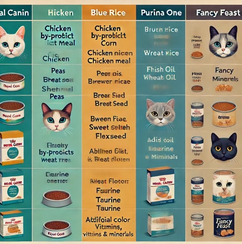 A side-by-side comparison of ingredients in different cat food brands