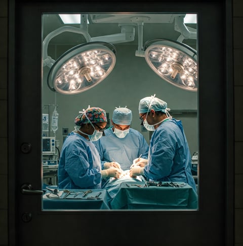 Cirurgiões operando uma neoplasia abdominal em centro cirúrgico