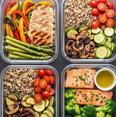 a meal of vegetables and meats in containers