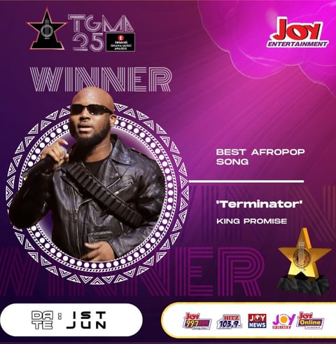 TGMA poster showing King Promise as the winner of the Best Afropop Song with Terminator.