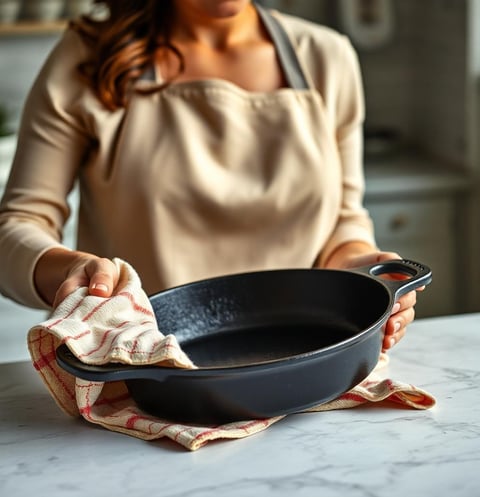 woman drying a cast iron skillet with a kitchen cloth
