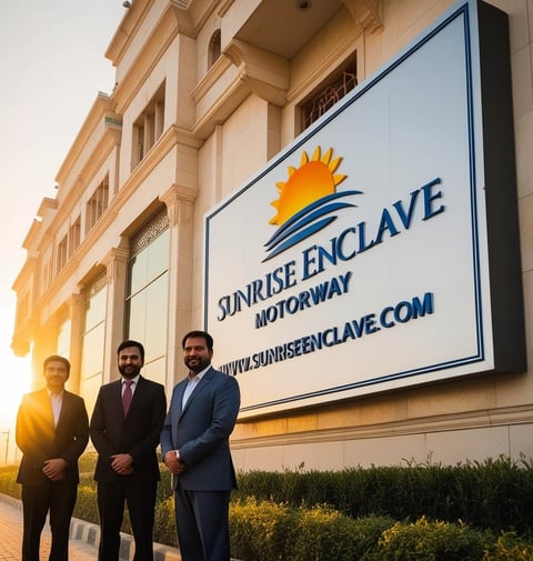 three men standing in front of a sign that says sunrise
