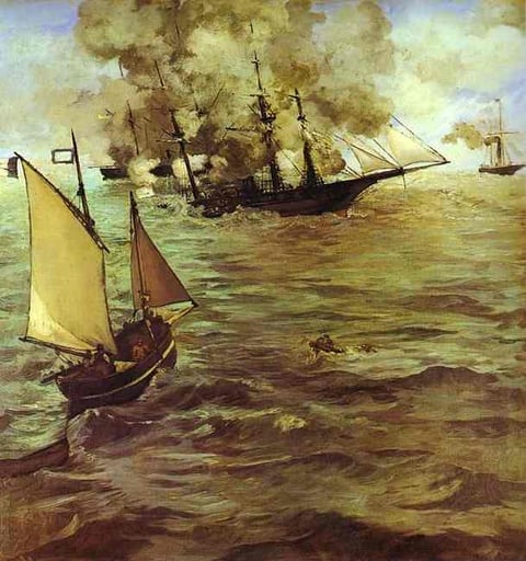a painting of a ship in the water