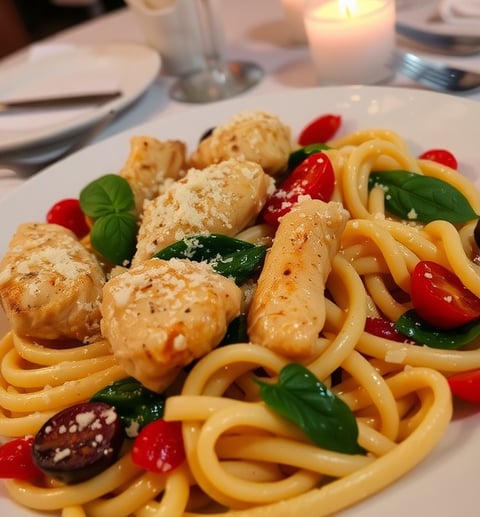 a plate of pasta with chicken and vegetables