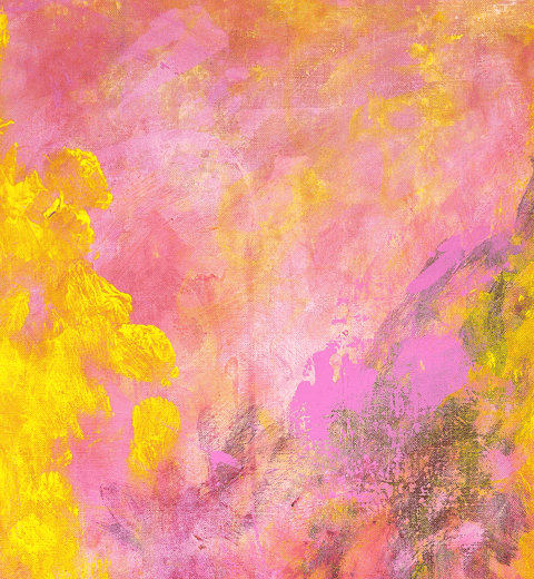 Detail of painting with yellow dot flowers and pink hues
