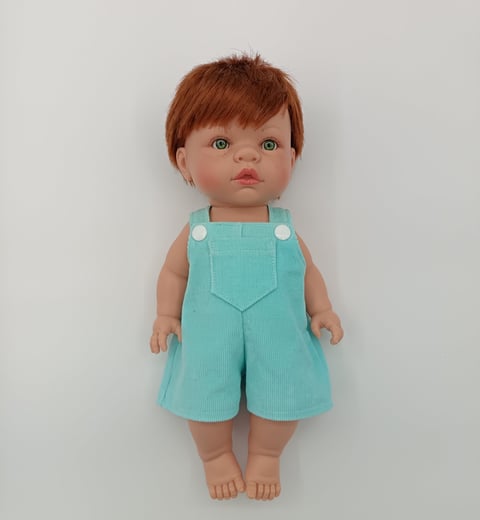 Lille Love doll dressed in blue short dungarees made for Minikane doll