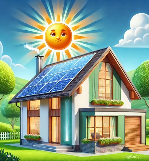 Illustrazione cartoon di una casa ecologica moderna con pannelli solari sul tetto. Il sole splende in cielo.