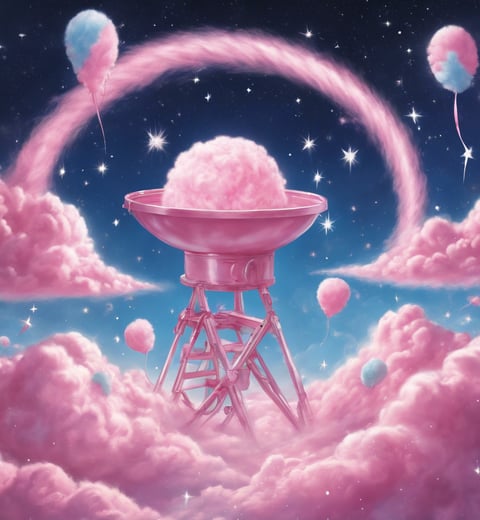 giant candy floss machine with a pink cloud and a star sky