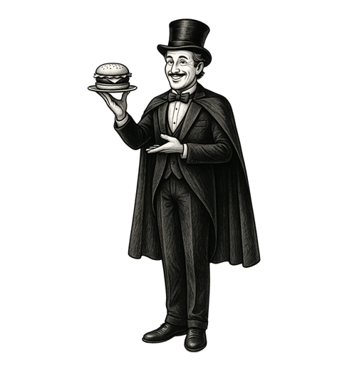 Ilustración de mago elegante con capa y galera sosteniendo una hamburguesa, La Teoría del Sándwich