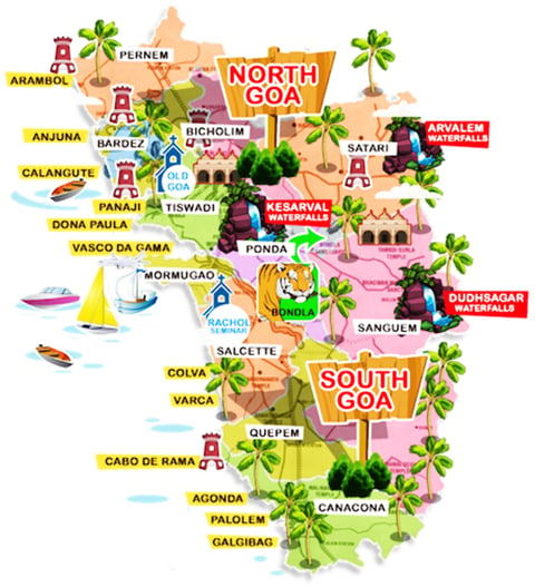 Map of Goa state showing tourist places with pictures