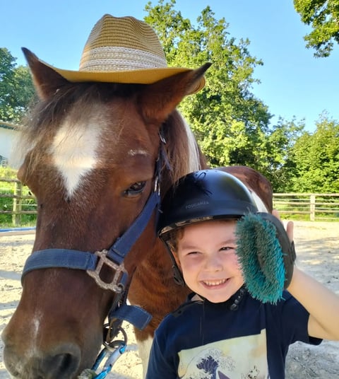 Enfant panse un cheval et est heureux