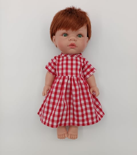 Lille Love doll dressed in red gingham dress made for 32cm Miniland doll