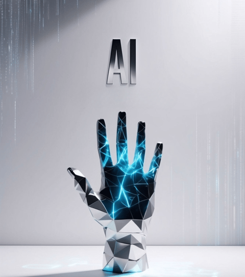 AI hand under a text saying "AI"