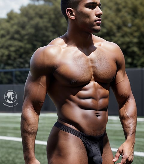 Model Anthony in a black underwear standing outside in the football field under the sun.