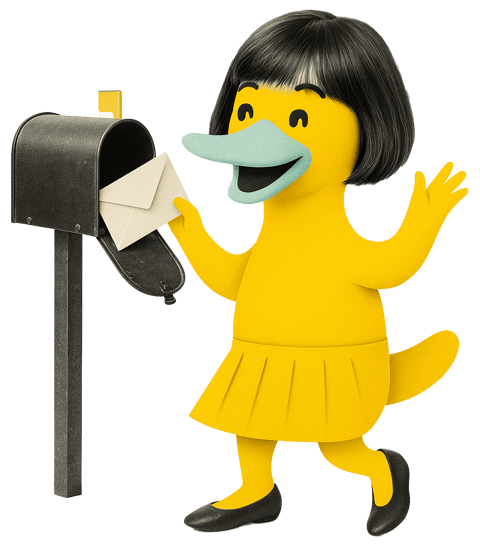 a cartoon platypus with a letter in front of a mailbox