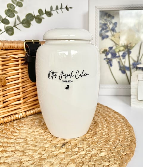 Engraved personalised small white infant ceramic urn for baby ashes